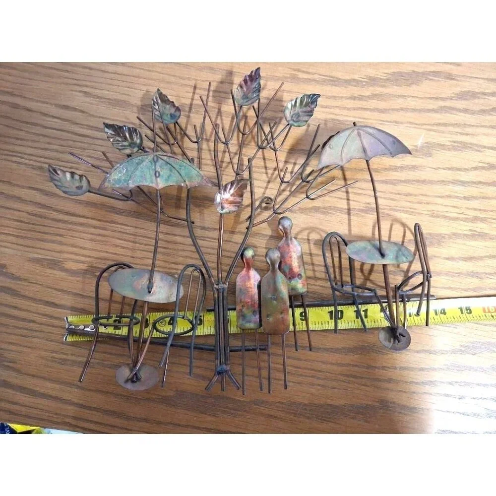 Vintage 1974 Enesco Copper Wall Art Sculpture With Tree Umbrellas & Chairs Made